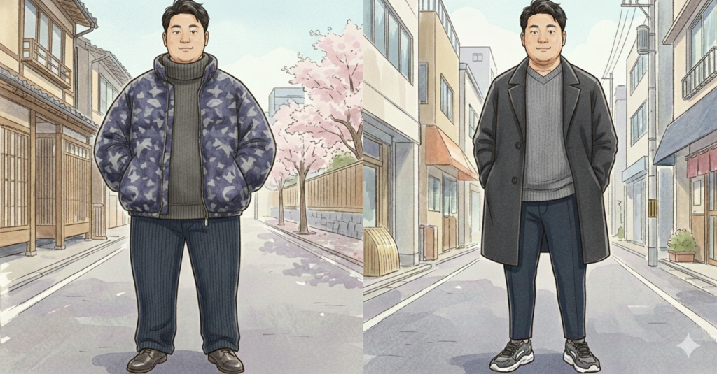 【メンズ大きいサイズ】もう着膨れしない!「清潔感」をキープする冬の着痩せレイヤード術